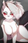  2022 anthro big_breasts black_body black_fur blush breasts canid canid_demon demon ear_piercing eyelashes featureless_breasts female fur grey_body grey_fur grey_nose hair hellhound helluva_boss hi_res kemono looking_at_viewer loona_(helluva_boss) mammal multicolored_body multicolored_fur notched_ear nude onikuman piercing red_sclera silver_hair solo two_tone_body two_tone_fur two_tone_tail white_body white_fur yellow_eyes 