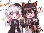  ! &gt;_&lt; 2girls :d ahoge animal_ear_headphones animal_ears beret black_hair black_hat cat_ear_headphones cat_ears fake_animal_ears flower gradient_hair hair_flower hair_ornament hat headphones highres long_sleeves mahou_shoujo_no_majo_saiban manzai microphone_stand multicolored_hair multiple_girls open_mouth pink_eyes pink_hair puff_of_air roasted_bottle_(mahou_shoujo_no_majo_saiban) sakuraba_ema sawatari_coco sharp_teeth short_hair smile spoken_exclamation_mark spoken_object streaked_hair stuffed_animal stuffed_cat stuffed_toy teeth tosiosito white_flower white_hair x_hair_ornament 