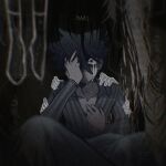  1boy 1girl alternate_costume artist_name collarbone crying crying_with_eyes_open dress english_text hands_on_another&#039;s_arms hands_on_another&#039;s_shoulders hero_(faraway)_(omori) hero_(omori) highres long_sleeves mari_(faraway)_(omori) mari_(omori) no_mouth omori pajamas sh3llynn short_hair sitting socks speech_bubble spoilers striped_clothes striped_pajamas tears vertical-striped_clothes vertical-striped_pajamas 