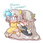  ! +_+ 2girls :d aged_down arm_up armpit_hug ball barefoot beryl_bouanich black_cloak bloomers blue_eyes blush carrying carrying_person chibi cloak closed_eyes clothes_lift crystal_ball dragonfly_hair_ornament dress dress_lift english_text grey_hair highres holding holding_ball long_hair matilda_bouanich medium_hair mother_and_daughter multiple_girls nijiiro_diary one_side_up reverse:1999 short_sleeves smile sparkle sweat trembling white_background white_bloomers white_dress wind wind_lift yellow_dress 