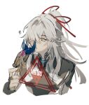  ! !! bird hair_over_one_eye honkai:_star_rail honkai_(series) jing_yuan long_hair male_focus mississipping ponytail red_ribbon ribbon white_background white_hair yellow_eyes 