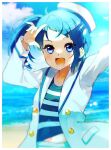  1girl airi_(curereika) alternate_costume beach black_shirt blue_hair blue_shirt blue_sky blurry blurry_background cloud cloudy_sky commentary cut_bangs day depth_of_field hat highres hirogaru_sky!_precure jacket long_sleeves looking_at_viewer medium_hair midriff_peek navel ocean open_clothes open_jacket open_mouth outdoors precure sailor_hat shirt side_ponytail single_sidelock sky smile solo sora_harewataru striped_clothes striped_shirt tilted_headwear upper_body white_jacket wind 