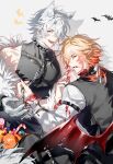  2boys alternate_costume animal_ears antenna_hair arm_strap arm_tattoo bandage_over_one_eye bandaged_neck bandages black_collar black_pants black_vest blonde_hair blood blue_eyes chest_tattoo collar demon_wings facial_tattoo fingernails fur_trim gradient_hair halloween_bucket halloween_costume highres holding holding_leash honkai:_star_rail honkai_(series) leash lollipop_in_mouth male_focus medium_hair multicolored_hair multiple_boys mydei_(honkai:_star_rail) pants parted_bangs phainon_(honkai:_star_rail) pointy_ears ponytail red_hair red_tattoo ribbon sharp_fingernails shirt short_hair sleeveless spiked_collar spikes suirandanshihao tail tattoo vest white_hair white_ribbon white_shirt wings wolf_boy wolf_ears wolf_tail yellow_eyes 