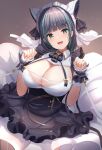  1girl :3 aqua_eyes azur_lane blush breasts cheshire_(azur_lane) cleavage commentary_request cowboy_shot eyebrows_visible_through_hair fang frilled_hairband frilled_ribbon frills grey_hair hairband hands_up highres large_breasts maid maid_headdress manda_(manda9n) multicolored_hair open_mouth paw_pose ribbon smile solo sparkle streaked_hair two-tone_hair wrist_cuffs 