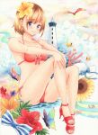  1girl absurdres bikini blue_eyes blush bow bow_bikini breasts brown_hair bug butterfly closed_mouth collarbone commentary_request coral fish flower full_body hair_flower hair_ornament hands_on_own_knee hat hat_bow high_heel_sandals high_heels highres knees_up lighthouse looking_at_viewer marker_(medium) medium_breasts midori_(mira567) orange_flower original purple_flower red_bikini red_flower red_sandals sandals short_hair side-tie_bikini_bottom simple_bird sitting smile solo sparkle sunflower swept_bangs swimsuit traditional_media unworn_hat unworn_headwear white_hat yellow_flower 