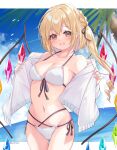  1girl absurdres alternate_costume bangs bare_shoulders bikini black_ribbon blonde_hair breasts cleavage collarbone crystal eyebrows_visible_through_hair flandre_scarlet haruki_(colorful_macaron) highres looking_at_viewer navel open_mouth red_eyes ribbon short_hair side_ponytail smile solo swimsuit touhou wings 