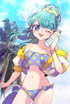  1girl ;d bikini blue_bikini blue_eyes blue_hair blue_sky bottle bottle_to_cheek breasts cowboy_shot cropped_jacket day earrings hand_up highres holding holding_bottle jacket jewelry long_hair looking_at_viewer multicolored_hair navel nojima_minami one_eye_closed open_clothes open_jacket open_mouth outdoors palm_tree photo_background pinon_(pripara) polka_dot polka_dot_bikini ponytail pretty_series pripara sky smile solo standing star_(symbol) star_earrings streaked_hair swimsuit tree water_bottle yellow_jacket 