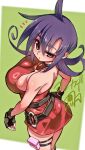  1girl ass bare_shoulders breasts dress duel_masters green_background large_breasts microdress purple_eyes purple_hair red_dress simple_background solo tasogare_mimi yoshikage_(yo4kage) 