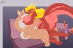  anthro anthro_on_anthro big_breasts big_butt blonde_hair breasts butt canid canine dragon female fur hair kissing male male/female mammal multicolored_body multicolored_fur muscular muscular_male nude schwoo two_tone_body two_tone_fur 