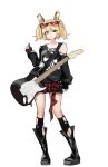  1girl absurdres alternate_costume black_boots black_shirt black_socks blonde_hair boots brooch brown_eyes burnice_white clothes_around_waist collarbone electric_guitar full_body guitar hashtag-only_commentary highres holding holding_plectrum instrument jewelry kneehighs looking_at_viewer open_mouth plectrum ppangchil puffy_sleeves shirt short_twintails simple_background single_bare_shoulder socks solo torn_clothes torn_socks twintails white_background zenless_zone_zero 