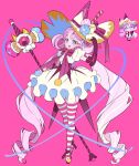  1girl :d absurdly_long_hair bad_id bad_twitter_id blue_eyes bow colored_skin cookie_run cookie_run:_tower_of_adventures cross cross-shaped_pupils cross_facial_mark cute_weapon double_bun dress elbow_gloves facial_mark food-themed_hat_ornament frilled_dress frills full_body gloves hair_bun hammer hand_on_headwear hat hat_ornament highres humanization long_hair looking_at_viewer multicolored_hair official_art_inset ohta_guk_hip open_mouth pink_background pink_bow pink_gloves pink_hair pink_shoes pink_skin pink_thighhighs puffy_short_sleeves puffy_sleeves reference_inset ringlets shoes short_sleeves simple_background smile standing streaked_hair striped_clothes striped_thighhighs sundae_cookie symbol-shaped_pupils teeth thighhighs twintails upper_teeth_only very_long_hair weapon white_dress white_hair white_thighhighs witch_hat 
