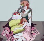  2girls birthday_cake cake dress food headband hiei_(yu_yu_hakusho) holding holding_cake holding_food hunter_x_hunter lap_pillow miko_hxh mukuro_(yu_yu_hakusho) multiple_girls orange_hair scar scar_on_face short_hair smile talisman time_paradox younger 