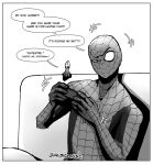  1boy 1girl arthropod_girl bodysuit cloak controller couch english_commentary english_text game_controller greyscale holding holding_controller holding_game_controller hollow_eyes hollow_knight hollow_knight:_silksong horned_mask hornet_(hollow_knight) indoors knighteanight marvel mask monochrome on_couch playing_games sitting speech_bubble spider-man spider-man_(series) spider_web_print superhero_costume twitter_username 