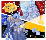  1boy 2girls armor ascot black_background black_jacket blonde_hair blue_background blue_eyes breastplate brown_gloves brown_scarf covered_eyes covered_face cowboy_shot doll_joints duchess_(elden_ring) elden_ring elden_ring_nightreign english_text flashlight ghost_costume gloves hands_up helmet highres holding holding_flashlight jacket joints long_hair long_sleeves multiple_girls open_mouth pants pauldrons ponytail red_background revenant_(elden_ring) scarf shoulder_armor skeleton standing white_ascot white_gloves white_pants wide_sleeves winged_helmet wylder_(elden_ring) ya_la16638 