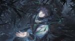  1boy absurdres bamboo bamboo_forest black_hair blind chinese_clothes cloak duplicate forest green_ribbon grey_eyes highres long_hair male_focus nature qiuyuan_(wuthering_waves) rain ribbon shuangbatian white_cloak wuthering_waves 