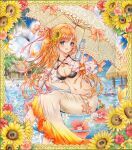  1girl absurdres animal artist_name besanten bikini bikini_top_only bird black_bikini blue_eyes blush border bottle bow breasts bug butterfly commentary crease day english_commentary feet_out_of_frame floral_border hair_bow hand_up highres holding holding_bottle holding_umbrella linea_alba long_hair looking_at_viewer marker_(medium) medium_breasts multicolored_sarong navel on_innertube one_side_up open_mouth orange_bow orange_hair original ornate_border outdoors parasol parted_bangs sarong scan seagull signature sitting solo stomach swimsuit traditional_media umbrella water water_bottle white_sarong 