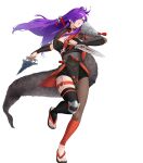  1girl attack black_choker breasts choker cleavage dagger female_shez_(fire_emblem) female_shez_(ninja)_(fire_emblem) fire_emblem fire_emblem:_three_houses fire_emblem_heroes fire_emblem_warriors:_three_hopes fishnet_pantyhose fishnets fur_scarf hair_bun hair_over_one_eye highres holding holding_dagger holding_knife holding_kunai holding_weapon japanese_clothes knife kunai long_hair medium_breasts non-web_source official_alternate_costume official_art pantyhose parted_lips purple_eyes purple_hair sandals scarf single_fishnet_legwear single_leg_pantyhose solo very_long_hair weapon 