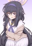  1girl black_hair blue_archive blue_eyes blush commentary_request glasses hair_between_eyes halo headband ikue_fuuji long_hair looking_at_viewer low_twintails open_mouth school_uniform simple_background solo sweater twintails ui_(blue_archive) 