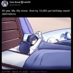  1girl 500_dollar_four_foot_tall_mareep_(meme) blue_eyes blue_hair character_name commentary dakimakura_(object) dated english_commentary english_text etkunnn hololive hololive_english long_sleeves lying meme mirror narcissism on_bed on_side ouro_kronii pillow shirt short_hair solo twitter under_covers virtual_youtuber white_shirt 