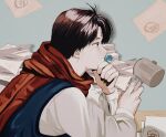  1boy brown_eyes brown_hair cup from_side holding holding_cup koenma long_sleeves male_focus miko_hxh older pacifier paper paperwork profile scarf solo yu_yu_hakusho 