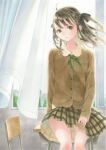  1girl ahoge arms_at_sides black_ribbon breast_pocket brown_cardigan brown_eyes brown_hair brown_skirt cardigan chair commentary_request curtains day desk floating_curtains green_ribbon hair_ribbon highres indoors long_sleeves looking_at_viewer marker_(medium) medium_hair meeya neck_ribbon on_desk original parted_lips plaid_clothes plaid_skirt pocket ribbon school_chair school_desk school_uniform sitting skirt solo straight-on traditional_media window 