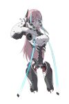  1girl amputee android breasts cable ctpt9r hair_between_eyes headgear highres joints light_smile long_hair looking_at_viewer medium_breasts original pink_hair purple_eyes robot_joints science_fiction solo spine white_background 