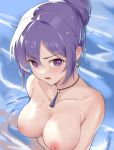  1girl alternate_hairstyle amco bangs blush breasts collarbone completely_nude earrings eyebrows_visible_through_hair genshin_impact highres jewelry keqing_(genshin_impact) large_breasts looking_at_viewer nipples nude open_mouth partially_submerged purple_eyes purple_hair short_hair solo tassel upper_body v-shaped_eyebrows water wet 