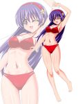  1girl armpits asamiya_athena barefoot bikini bracelet breasts cleavage commentary_request hair_ornament hairband highres jewelry long_hair looking_at_viewer medium_breasts navel one_eye_closed purple_eyes purple_hair red_bikini red_hairband smile solo star_(symbol) star_hair_ornament swimsuit the_king_of_fighters yaeba zoom_layer 