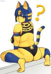  1girl :&lt; ? animal_crossing animal_ears ankha_(animal_crossing) ass cat_ears cat_tail closed_mouth colored_skin commentary english_commentary furry furry_female highres jewelry legs looking_back md5_mismatch panties plump poyoart self_upload sitting solo tail thick_thighs thighs twitter_username underwear watermark yellow_skin 