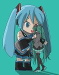  2girls :d blue_hair chibi detached_sleeves dual_persona green_background green_hair hatsune_miku highres hug kutabaru_amane long_hair mikudayoo multiple_girls smile twintails vocaloid 