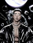  1boy abs absurdres bara black_hair black_jacket bubble chain chain_necklace glasses highres ice ice_cube jacket jewelry large_pectorals looking_at_viewer male_focus muscular muscular_male necklace open_clothes open_jacket original parted_lips pectorals pool_ball short_hair solarsistim solo upper_body 