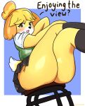  1girl animal_ears bangs blush crossed_legs dog_ears from_below furry furry_female highres isabelle_(animal_crossing) legs plump sitting skirt smile socks solo tail thick_thighs thighs 