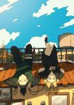  1boy 1girl arms_behind_head black_hair blonde_hair blue_sky blush cloud head_back highres laughing lying nara_shikamaru naruto_(series) naruto_shippuuden on_back open_mouth quad_tails railing rooftop sky smile sna9_104 temari_(naruto) 