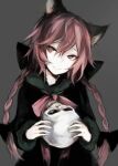  1girl animal_ear_fluff animal_ears black_bow black_dress bow bowtie braid cat_ears closed_mouth commentary dress eyebrows_behind_hair grey_background hair_between_eyes hair_bow hasunokaeru holding holding_skull kaenbyou_rin long_hair long_sleeves looking_at_viewer nekomata red_bow red_bowtie red_eyes red_hair simple_background skull smile solo touhou tsurime twin_braids upper_body 