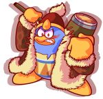  2022 angry angry_eyes anthro avian barefoot beak bird blue_body blue_skin clenched_teeth clothed clothing coat feet fist gloves hammer handwear hat headgear headwear hi_res holding_hammer holding_object holding_tool holding_weapon king king_dedede kirby_(series) kirby_and_the_forgotten_land looking_at_viewer male multicolored_body multicolored_skin nintendo overweight overweight_anthro overweight_male penguin pose raised_arm red_eyes reebee royalty shadow simple_background solo standing teeth tools topwear torn_clothing video_games weapon white_background yellow_beak yellow_body yellow_skin 