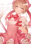  1girl absurdres bangs blonde_hair bow bowtie cardcaptor_sakura dress eyebrows_visible_through_hair gloves green_eyes grin hair_between_eyes half-closed_eyes highres kinomoto_sakura looking_at_viewer petals pinafore_dress pink_bow pink_bowtie pink_dress shiny shiny_hair shirt short_dress short_hair short_sleeves sleeveless sleeveless_dress smile solo twitter_username white_background white_bow white_gloves white_shirt wrist_bow yonemaru 