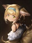  1girl animal_ears arknights bangs bare_shoulders blonde_hair blush closed_mouth earpiece earrings ears_down extra_ears fox_ears fox_girl fox_tail green_eyes hairband highres jell_(jell_y_fish) jewelry multiple_tails off_shoulder oripathy_lesion_(arknights) solo suzuran_(arknights) symbol-only_commentary tail 