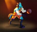  4_toes anthro ball basketball basketball_(ball) biped black_body black_claws black_ears black_eyebrows black_fur black_hair black_tail blue_body blue_ears blue_fur blue_tail canid cheek_tuft claws digital_media_(artwork) dipstick_ears eyebrows facial_tuft feet front_view fur gloves_(marking) hair holding_baseball leg_markings looking_aside male mammal markings multicolored_ears multicolored_hair muscular muscular_anthro muscular_male neck_tuft ninetht pawpads pink_eyes pink_hair pink_pawpads purple_body purple_fur purple_tail shaded shadow short_hair socks_(marking) solo toes tuft two_tone_ears two_tone_hair white_body white_fur white_inner_ear 