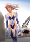  1girl av-98_ingram birdy_cephon_altirra blue_eyes blue_leotard breasts city cleavage closed_mouth crossover elbow_gloves gloves green_eyes highres kasahara_tetsurou kidou_keisatsu_patlabor leotard long_hair looking_at_viewer mecha medium_breasts multicolored_hair outdoors red_hair science_fiction smile smoke tetsuwan_birdy_decode thighhighs two-tone_hair white_hair 