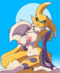  anthro bandai_namco black_sclera blue_eyes breasts canid canine digimon digimon_(species) female fur hi_res mammal nipples nude renamon smile snappygrey solo white_body white_fur yellow_body yellow_fur 