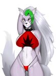  2022 absurd_res anthro bikini bikini_bottom bluefoxsart breasts butt_from_the_front canid canine canis clothing collar crop_top ear_piercing ear_ring eyebrows eyelashes female five_nights_at_freddy&#039;s five_nights_at_freddy&#039;s:_security_breach fur hair hand_behind_head hi_res inner_ear_fluff long_hair looking_at_viewer mammal navel piercing red_bikini roxanne_wolf_(fnaf) scottgames shirt solo swimwear topwear tuft video_games wolf 