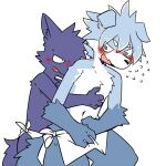  1:1 2021 anthro black_nose blue_arms blue_body blue_fur blue_hair blue_legs blush bodily_fluids canid canine canis cheek_tuft countershade_face countershading digital_media_(artwork) domestic_dog duo elbow_tuft embarrassed eyebrows facial_tuft fur hair hand_on_chest kemono male male/male mammal navel nifuramu_(pizademokttero) pizademokttero purple_body purple_fur sweat tail_tuft three-quarter_view tongue tongue_out tuft white_body white_countershading white_eyebrows white_fur wolf 