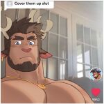  1boy animal_ears antlers bara beard blue_eyes blush brown_hair cheschirebacon cover_them_up_slut_(meme) dark-skinned_male dark_skin facial_hair forked_eyebrows goat_boy goat_ears goat_horns highres horns indoors looking_at_viewer male_focus mature_male meme muscular muscular_male original ring_necklace short_hair sideburns snout solo thick_eyebrows upper_body 