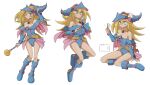  1girl blonde_hair blue_footwear blush_stickers breasts dark_magician_girl duel_monster flag flowers-imh full_body green_eyes hair_between_eyes hat highres long_hair medium_breasts multiple_views pentacle scared wand white_flag wizard_hat yu-gi-oh! 