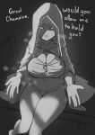  1girl aestheticc-meme breasts cleavage elden_ring english_text greyscale heart heart-shaped_pupils highres hood hood_up large_breasts looking_at_viewer monochrome navel on_bed parted_lips sitting solo sweat symbol-shaped_pupils thighs wide_sleeves 