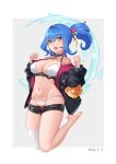  1girl :d absurdres amelia_(world_flipper) bangs bare_shoulders barefoot bikini black_choker black_jacket black_shorts blue_hair breasts chinese_commentary choker cleavage clenched_hands clothes_pull collarbone commentary_request dated earpiece eyebrows_visible_through_hair fang full_body grey_background groin hair_between_eyes hair_intakes hair_ribbon hands_up highres jacket large_breasts long_hair long_sleeves looking_at_viewer navel off_shoulder open_fly open_mouth orange_eyes ponytail ribbon short_shorts shorts shorts_pull sidelocks single_thighhigh skin_fang skindentation smile solo stomach swimsuit thighhighs water white_background white_bikini white_legwear world_flipper yellow_ribbon yinori 
