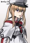  1girl blonde_hair breasts capelet celtic_knot commentary_request cross gradient gradient_background graf_zeppelin_(kancolle) grey_eyes hair_between_eyes hat iron_cross kantai_collection large_breasts long_hair looking_at_viewer makun_dx military military_uniform one-hour_drawing_challenge peaked_cap sidelocks solo twintails twitter_username uniform white_background 