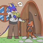  anthro bag blush building comic dialogue door dragon dragonborn dungeons_and_dragons duo forest glistening glistening_eyes grass hasbro hi_res history horn house invalid_tag kobold lobi_top male male/male plant rock size_difference tree wizards_of_the_coast 
