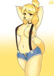  2022 accessory animal_crossing anthro blonde_hair blush bottomwear breasts brown_eyes canid canine canis clothed clothing collar digital_drawing_(artwork) digital_media_(artwork) dirtyduckart domestic_dog female fur gradient_background hair hair_accessory hair_tie hands_behind_head hi_res isabelle_(animal_crossing) looking_at_viewer mammal mostly_nude nintendo nipples seductive short_jeans signature simple_background solo suspenders text tied_hair topless video_games white_background yellow_background yellow_body yellow_ears yellow_fur yellow_tail 