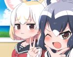  2girls :3 alternate_costume animal_ears blonde_hair blush bow bowtie brown_eyes commentary_request common_raccoon_(kemono_friends) extra_ears eyebrows_visible_through_hair fang fennec_(kemono_friends) fox_ears fox_girl grey_hair highres kemono_friends matching_outfit multicolored_hair multiple_girls one_eye_closed open_mouth raccoon_ears raccoon_girl ransusan red_bow red_bowtie sailor_collar school_uniform selfie shirt short_hair v white_hair white_shirt 